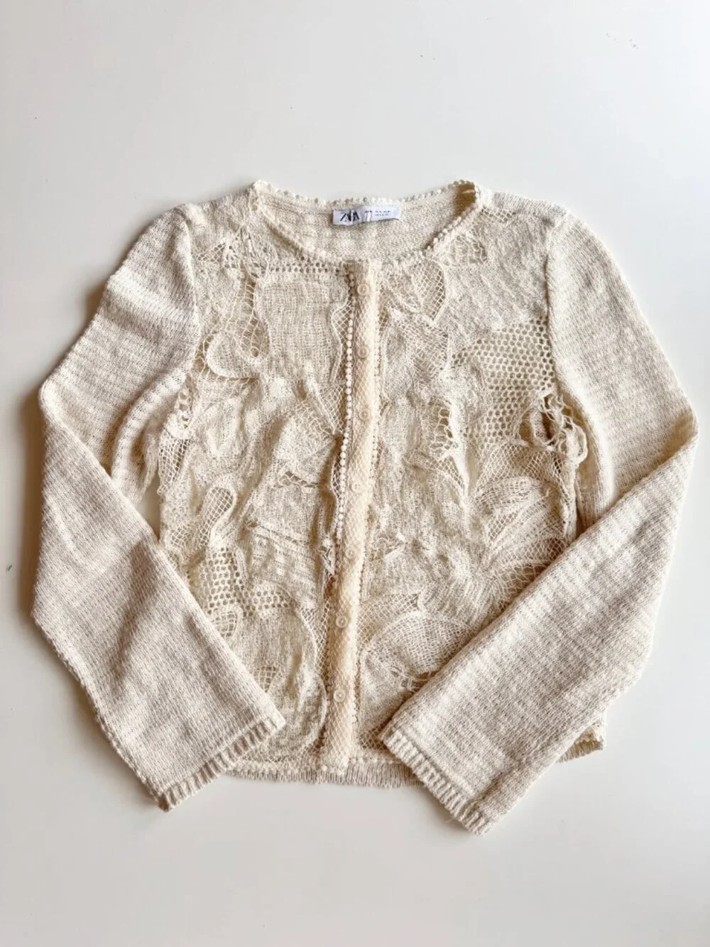 ZARA Ecru Ivory Contrast Cotton Blend Lace Knit Cardigan Sweater, Size XL - Picture 5 of 16